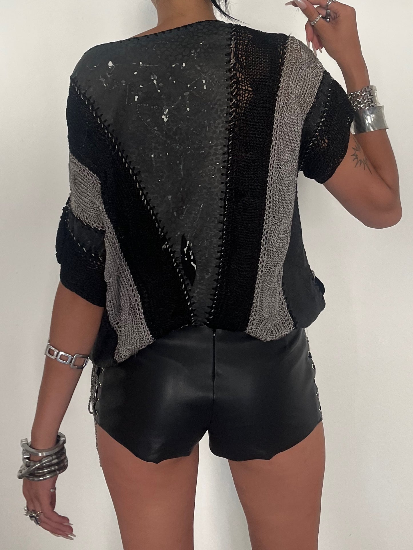 Unique Vintage Knit & Leather Top Black