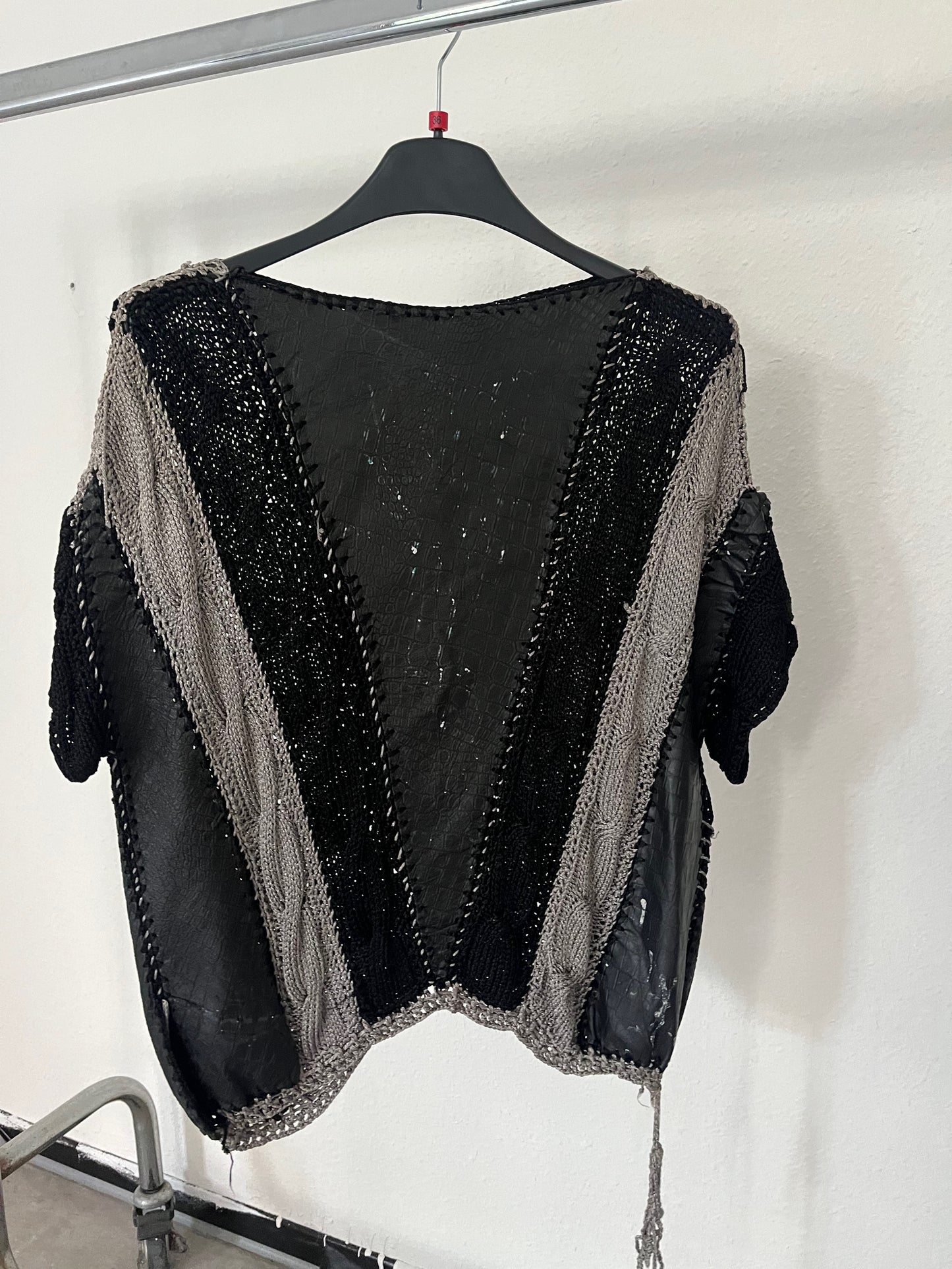 Unique Vintage Knit & Leather Top Black