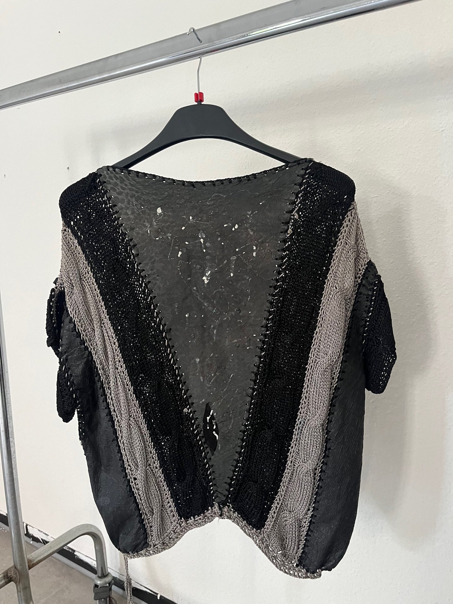 Unique Vintage Knit & Leather Top Black